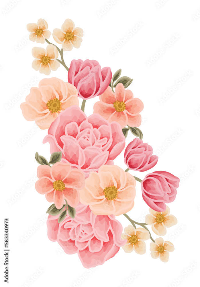 Fototapeta premium Beautiful romantic flower bouquet arrangement with roses, tulips, lilac floral, peony, poppy, floral bud, and leaf branch illustration elements for wedding card, invitation, decoration