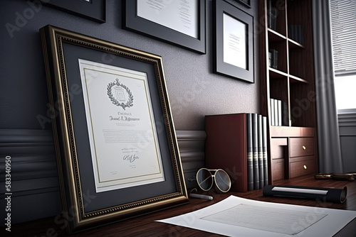 Empty frame on office wall diploma degree certificate credentials image photo poster business chief executive officer ceo cfo cxo promotion portrait work 3d fill in blank, generative AI photo
