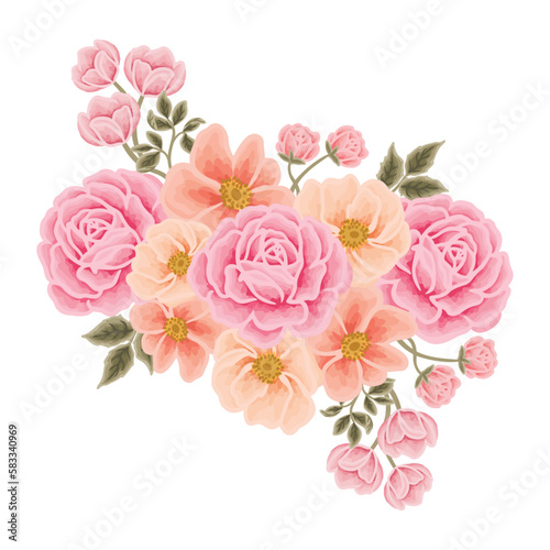 Beautiful romantic flower bouquet arrangement with roses, tulips, lilac floral, peony, poppy, floral bud, and leaf branch illustration elements for wedding card, invitation, decoration