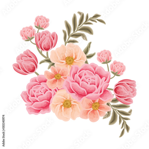 Beautiful romantic flower bouquet arrangement with roses, tulips, lilac floral, peony, poppy, floral bud, and leaf branch illustration elements for wedding card, invitation, decoration