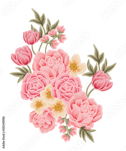 Wallpaper Mural Beautiful romantic flower bouquet arrangement with roses, tulips, lilac floral, peony, poppy, floral bud, and leaf branch illustration elements Torontodigital.ca