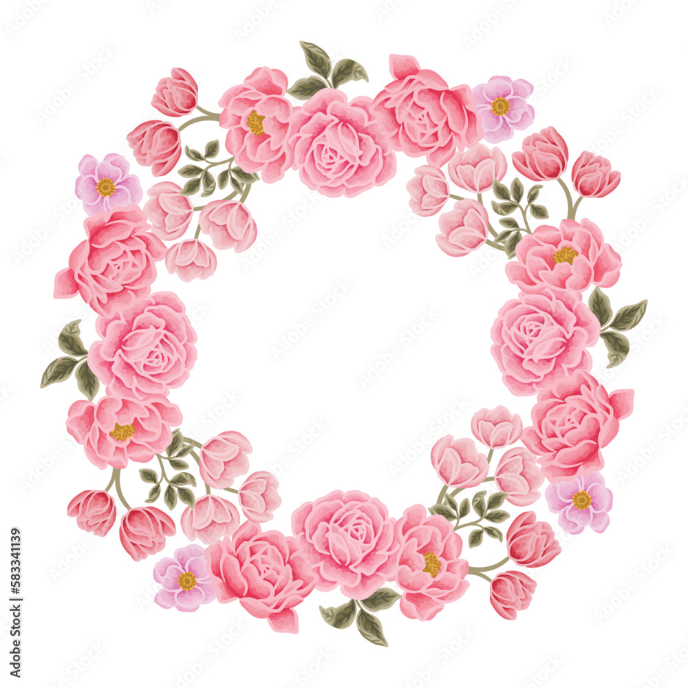 Beautiful romantic pink flower frame wreath with roses, lilac floral, peony, poppy and leaf branch illustration elements for wedding card, invitation, decoration