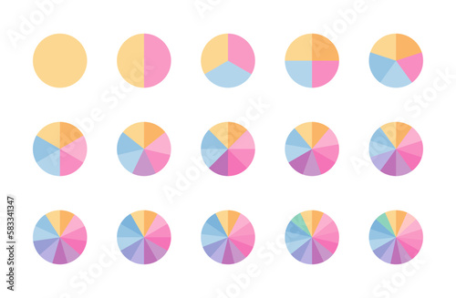 Pie diagram. Round scheme with sectors. Circle chart divided into pieces. Circular section graph. Set of segments and slices. Colorful structure with 3, 6, 9, 12 elements. Vector illustration