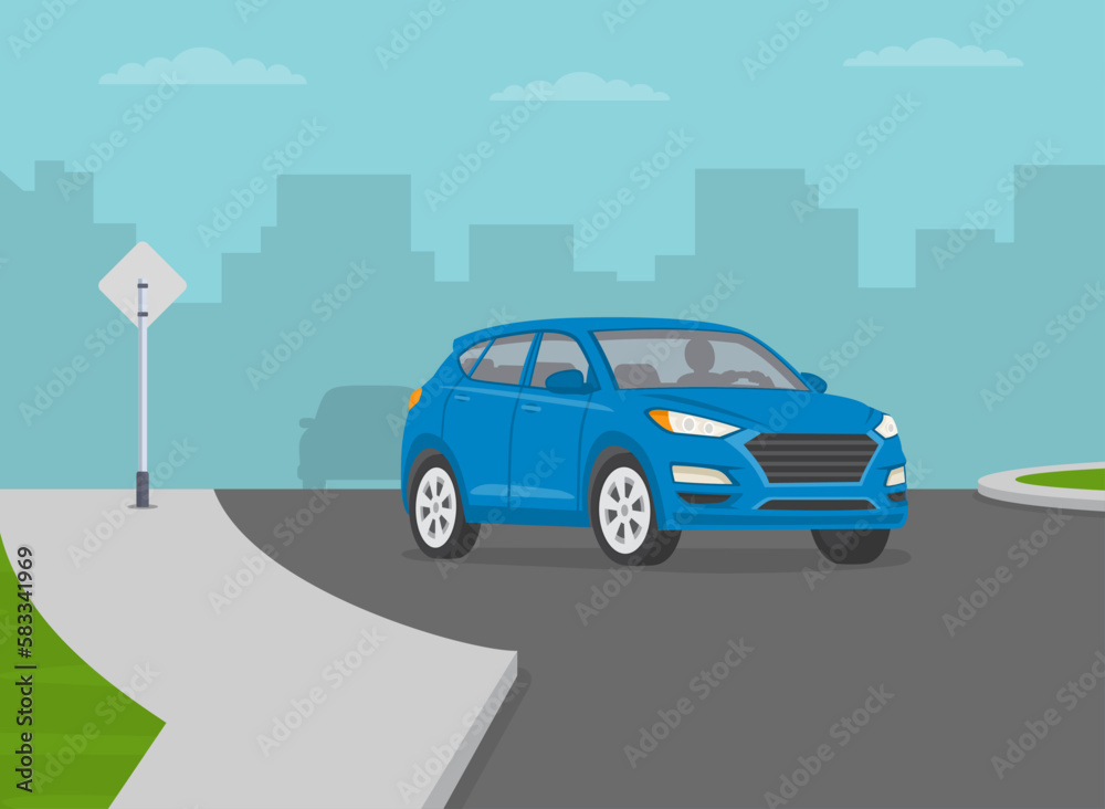Priority inside the roundabout. Suv is approaching roundabout. Front view. Flat vector illustration template.