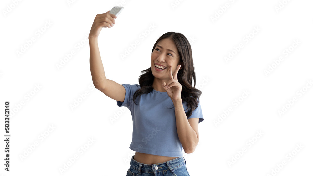 Cheerful young woman taking a selfie with a mobile phone and raising two fingers, Portrait of happy girl with bright face isolated on white background, Take a photo. Cheerful young woman taking a selfie with a mobile phone and raising two fingers, Portrait of happy girl with bright face isolated on white background, Take a photo.