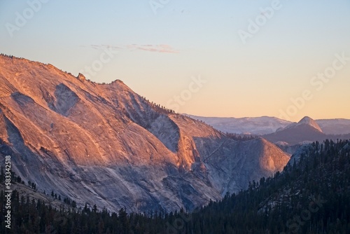 Sunset falls over the high country of Yosemite  where California Highway 120 connects the Central Valley of California on the western side with the Eastern Sierra to the east.