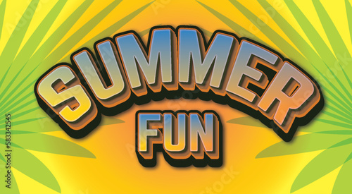 Summer fun text effect fully editable with yellow color palm tree leaf background, Text effect, 3d text effect, summer holidays banner design template with 3d editable text  photo