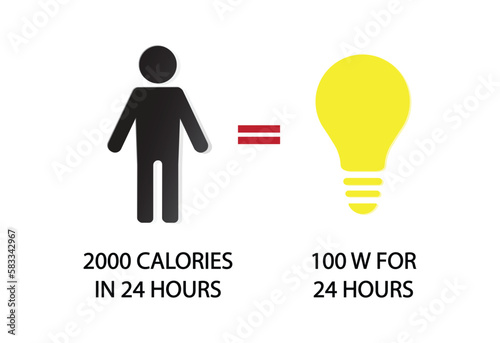 illustration of physics and biology, In a day humans use as much energy as a 100 watt light bulb in a day, Men: 2,000 Kilocalories per day