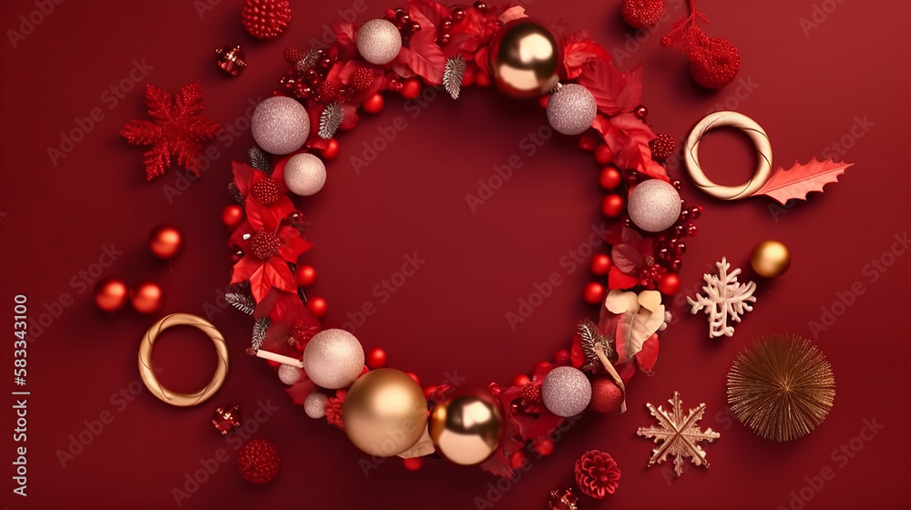 christmas wreath on red background