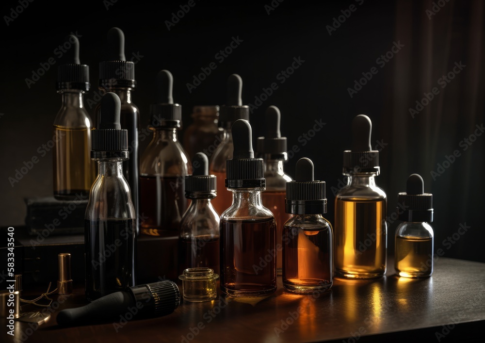 Bottle glass of various oils. Concept of aromatherapy. Generative AI. Bottle glass of various oils. Concept of aromatherapy. Generative AI.