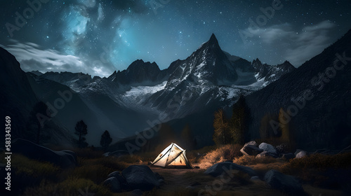 A breathtaking photograph of a mountain landscape at night, with a brightly lit tent set against the backdrop of a starry sky. AI Generated