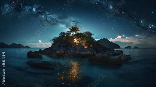 A breathtaking view of a deserted island under a starry sky. The scene captures the essence of tranquility and isolation in the midst of a vast ocean. AI Generated