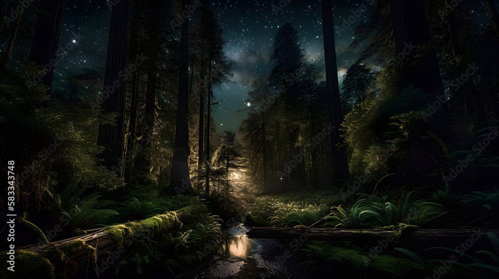 A captivating photograph of a forest at night, with stars twinkling overhead. The photograph captures the serene beauty of the forest, with its tall trees. AI Generated