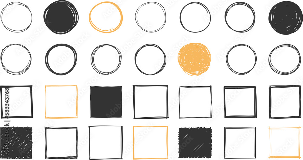 Set of handdrawn doodle circles and squares
