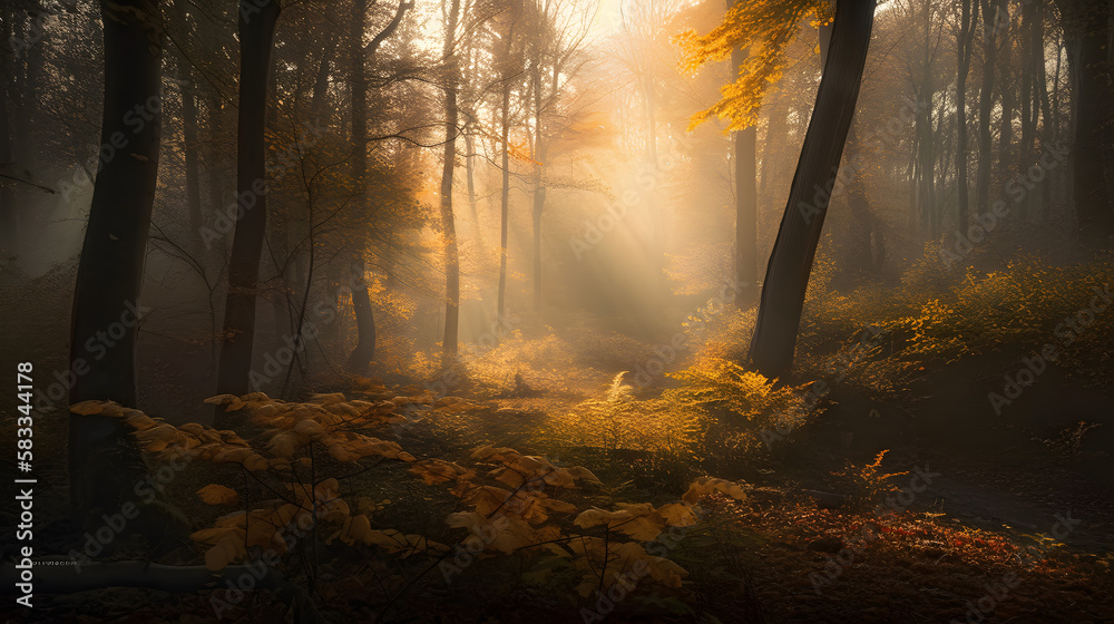 A dreamy autumn forest scene, with golden foliage and a gentle mist floating through the air. AI Generated
