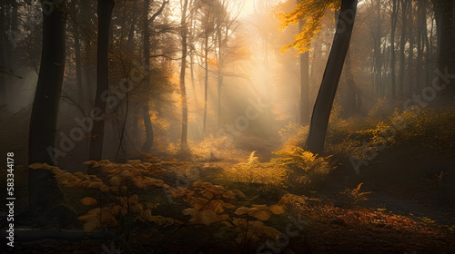 A dreamy autumn forest scene, with golden foliage and a gentle mist floating through the air. AI Generated