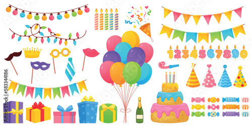 Vector bright cartoon image of a festive set. Balloons, flags, candles. The concept of parties, festivals and fun. A colorful element for your design.
