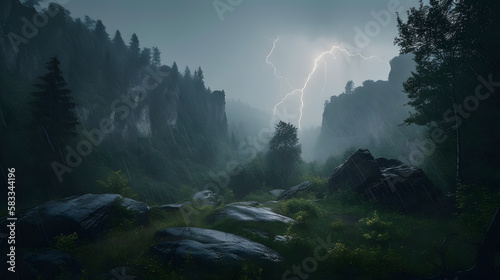 A hauntingly beautiful photo of a dense forest landscape during a thunderstorm. AI Generated