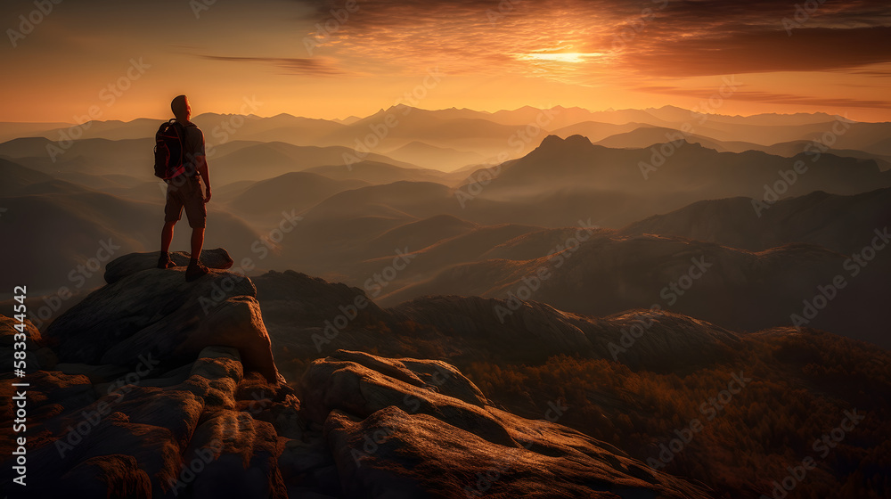 A majestic mountain range towers in the distance as a lone hiker stands atop a rocky outcropping, surveying the breathtaking landscape below. AI Generated