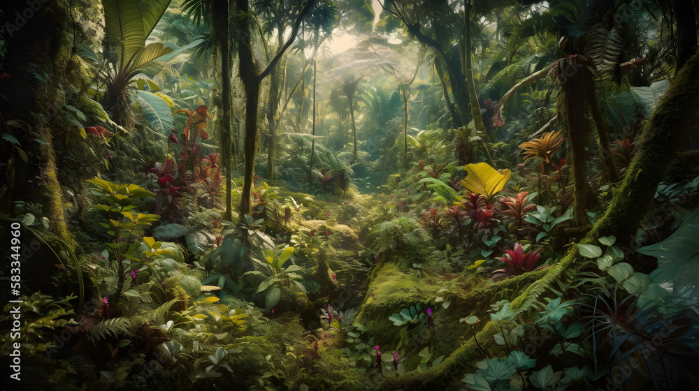 A spectacular landscape featuring a dense, alien jungle filled with strange and exotic plants that twist and curl towards the sky. AI Generated
