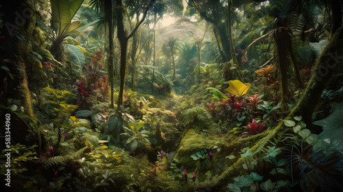 A spectacular landscape featuring a dense  alien jungle filled with strange and exotic plants that twist and curl towards the sky. AI Generated