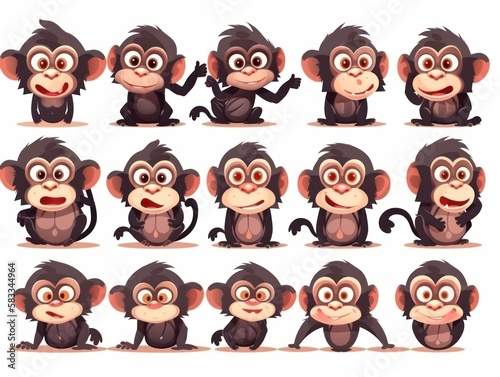 Set Monkey Cartoon cute character. Collection isolated on white background. generative ai