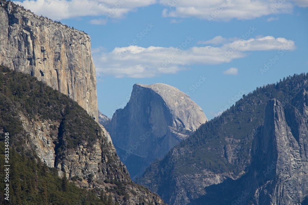 Looking over Yosemite Valley, a glacial valley in the Sierra Nevada Mountain Range of California, from the Tunnel View turnout on a beautiful fall day.