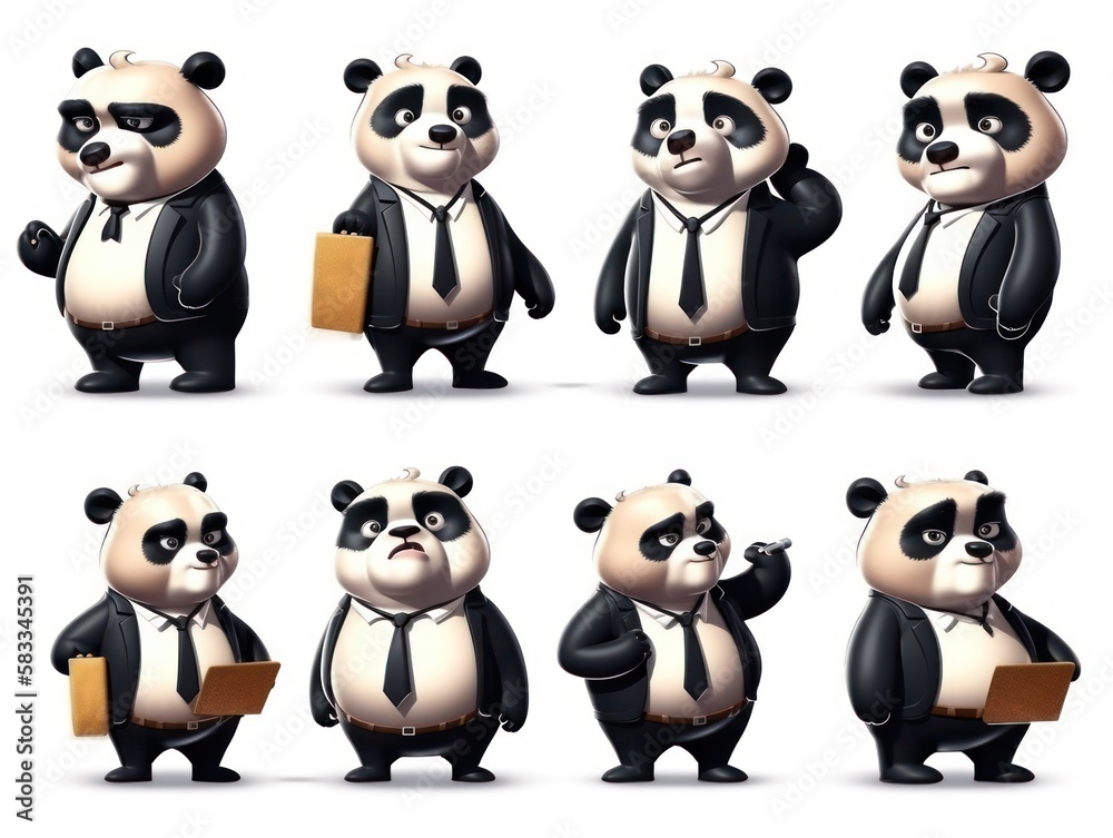 Set Panda bear Cartoon cute character. Collection isolated on white background. generative ai Set Panda bear Cartoon cute character. Collection isolated on white background. generative ai