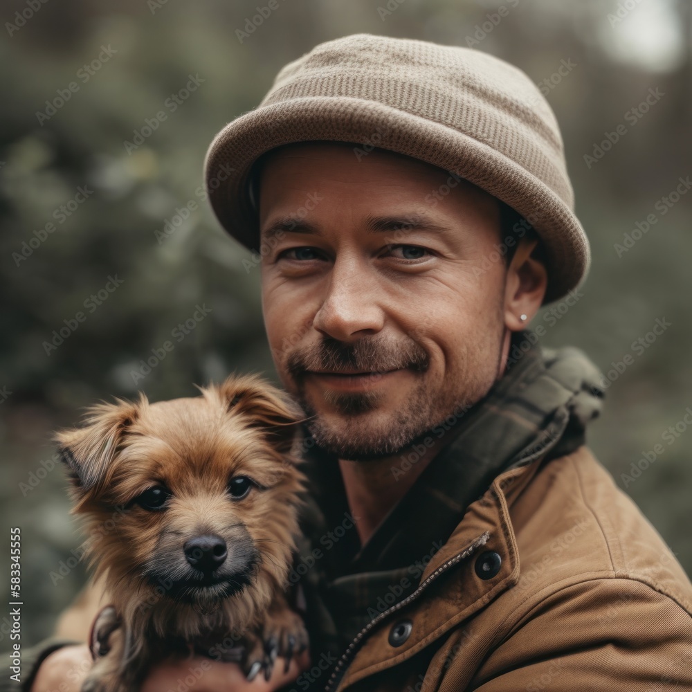 A man posing with his small brown dog. Generative AI. A man posing with his small brown dog. Generative AI.