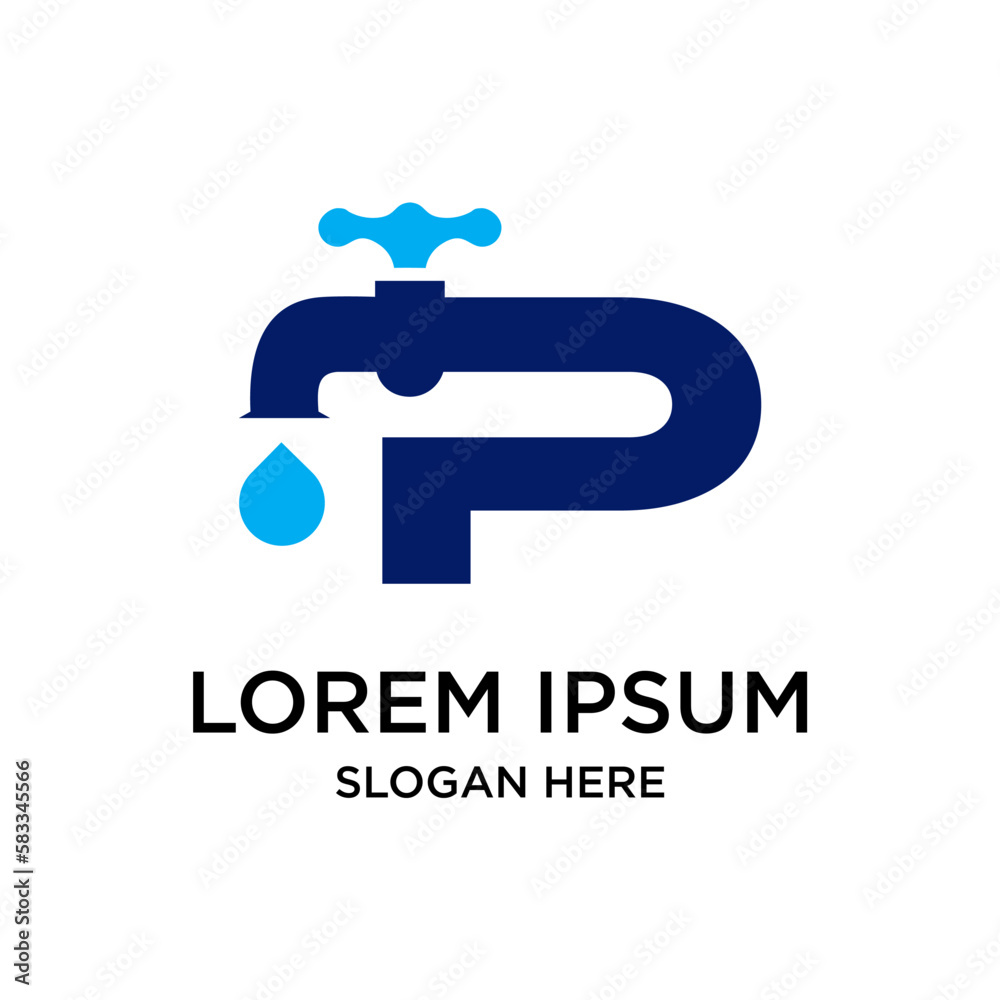 plumbing with letter p logo design template