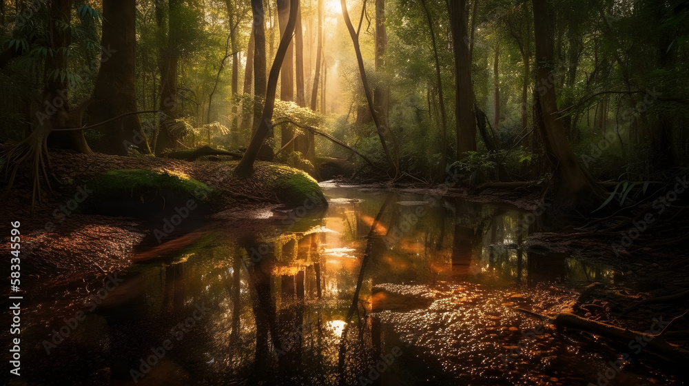 A tranquil forest scene where sunlight filters through the trees, casting a warm glow on the forest floor. A gentle stream meanders through the trees, and birdsong fills the air. AI Generated