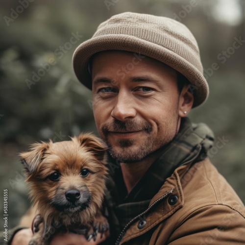 A man posing with his small brown dog. Generative AI. 