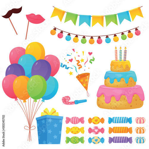 Vector bright cartoon image of a festive set. Balloons  flags  candles. The concept of parties  festivals and fun. A colorful element for your design.