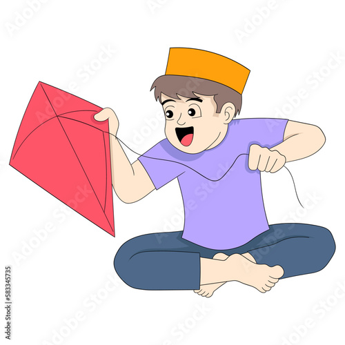 boy is sitting happily making kites in spare time