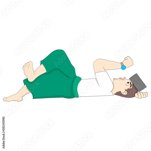 Man is laying down while looking at his watch waiting for the time to break his fast