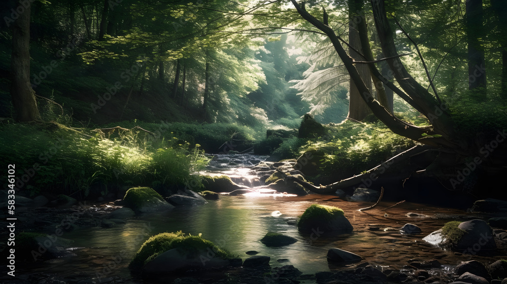 A tranquil summer forest landscape, with a babbling brook and soft sunlight filtering through the trees. AI Generated