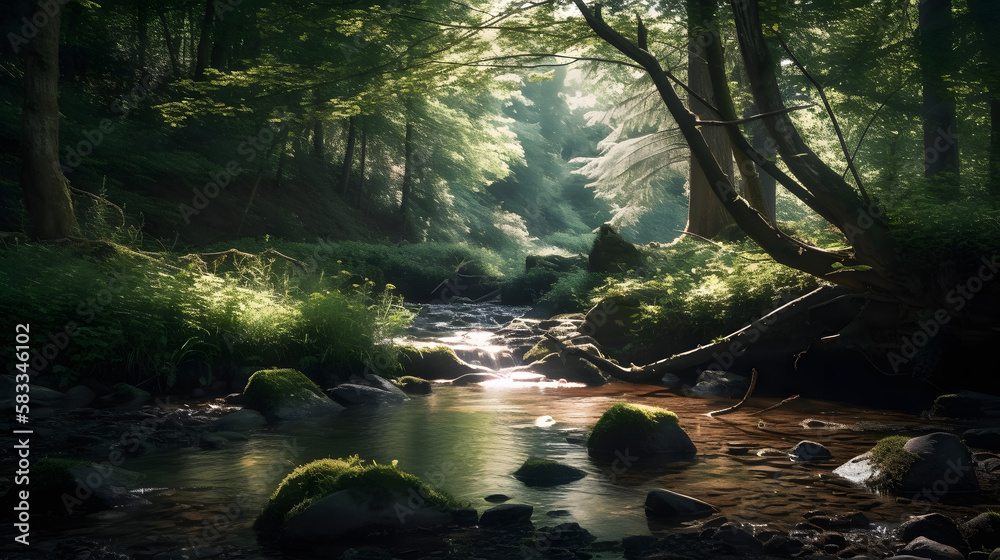 A tranquil summer forest landscape, with a babbling brook and soft sunlight filtering through the trees. AI Generated A tranquil summer forest landscape, with a babbling brook and soft sunlight filtering through the trees. AI Generated