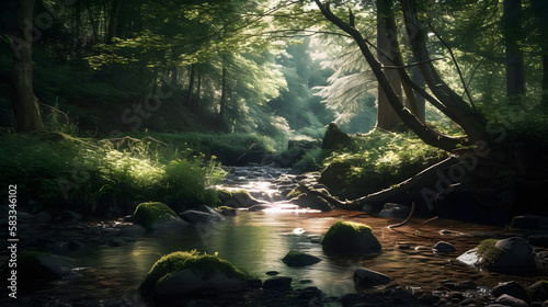 A tranquil summer forest landscape, with a babbling brook and soft sunlight filtering through the trees. AI Generated