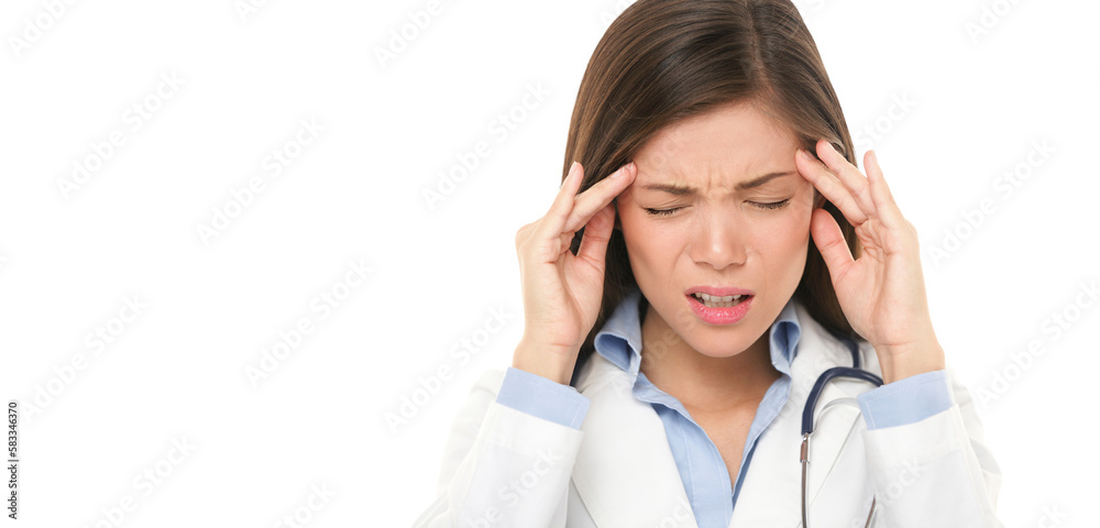 Doctor with headache stressed. Nurse / doctor with migraine headache overworked and stressed. Health care professional in lab coat wearing stethoscope isolated on white background.
Doctor with headache stressed. Nurse / doctor with migraine headache overworked and stressed. Health care professional in lab coat wearing stethoscope isolated on white background.