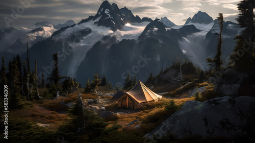 An awe-inspiring mountain landscape photo with a cozy tent nestled in a clearing, surrounded by towering trees and snow-capped peaks. AI Generated