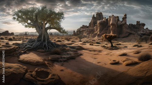 An awe-inspiring and monumental landscape, dominated by massive, otherworldly rock formations that tower into the sky. AI Generated