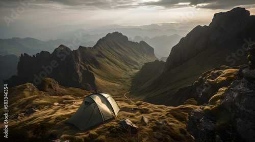 An awe-inspiring photograph of a tent perched on the edge of a mountain peak, overlooking a stunning vista of rugged peaks and rolling hills. AI Generated