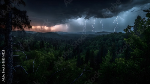 The untamed power and majesty of a thunderstorm as it unleashes its fury upon a serene forest landscape. AI Generated