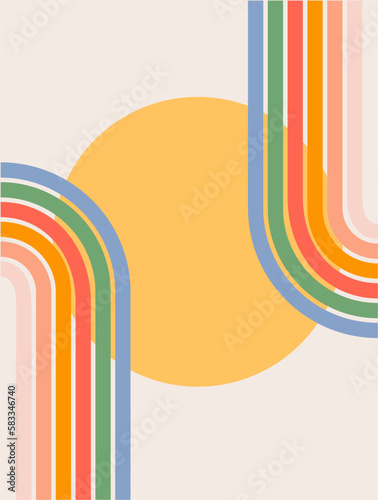 Trendy abstract aesthetic rainbow background. Mid century wall decor in style 60s, 70s. Retro vector design for social media, blog post, template, interior design