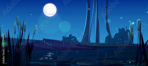 Swamp and cattail near lake, full moon night vector background. Pond with bulrush in park. Shining water surface in river fantasy cartoon illustration. Wild nature landscape with flying glowworms