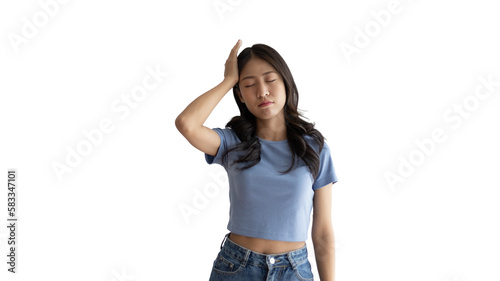 Stressed woman holding her temples with severe problems in her life, Family problems, Pressure from work, Poor financial, Despair in life, Discouraged and deeply saddened, Panic attacks.