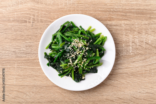 Korean spinach salad (Sigeumchi namul), Korean side dish, Table top view