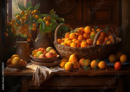 A rustic display of fresh  juicy oranges in a delightful still life scene. Generative AI.