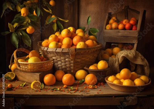 Still life basket of healthy and organic oranges. Generative AI.