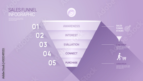 Infographic Sales funnel diagram template for business. Modern  Timeline 5 step level, digital marketing data, presentation vector infographics.